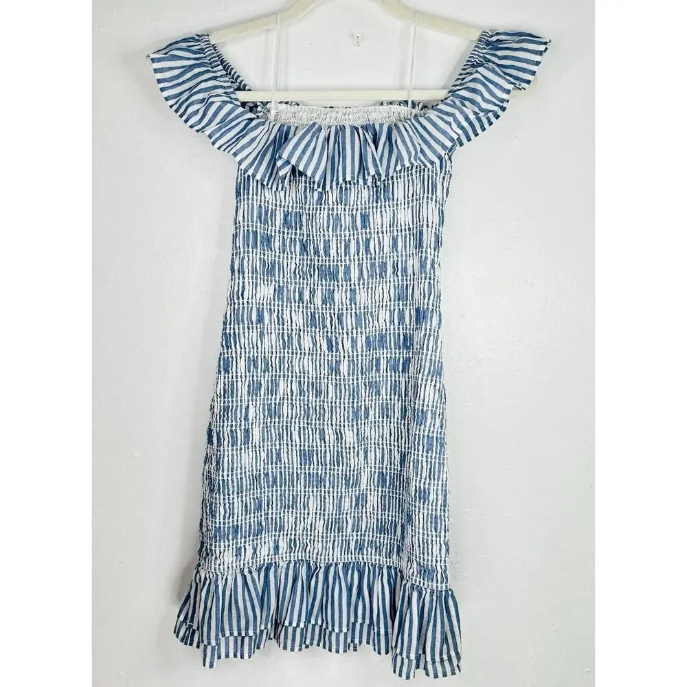 Abercrombie Off The Shoulder Smocked Mini Dress Striped Size Small Tall Preppy - Picture 5 of 9